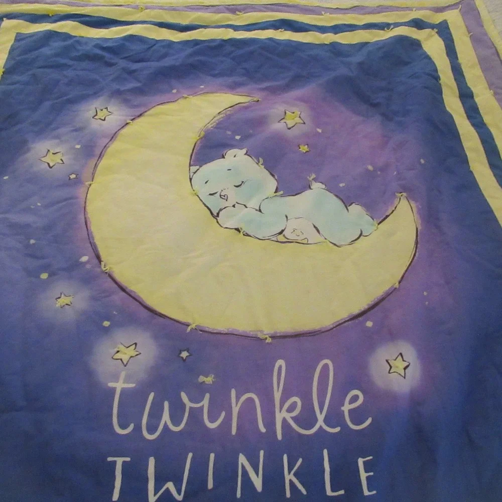 Vtg Twinkle Little Star Care bears Quilt Toddler 46x54 Blue Yellow Celestial